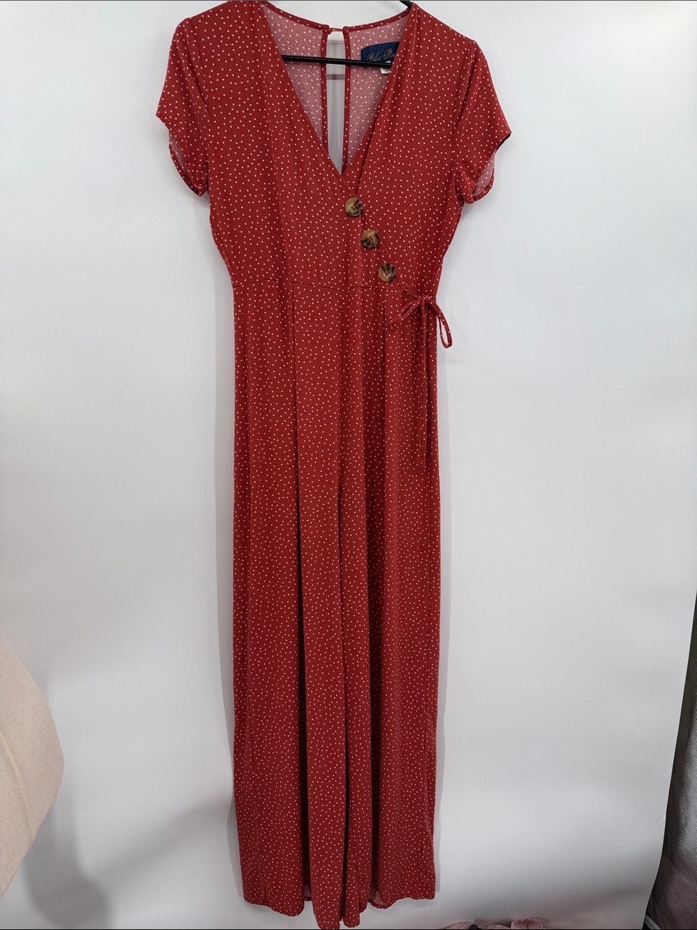 Blue Rain V-Neck Faux Wrap Romper With Button and Faux Tie Detail Size S